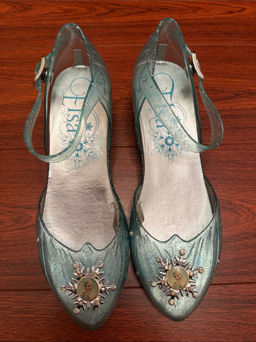 Disney Teal Glitter Elsa Jelly Flats with Snowflake Medallion